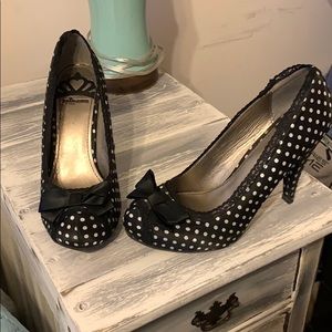 Black and white polkadot heels